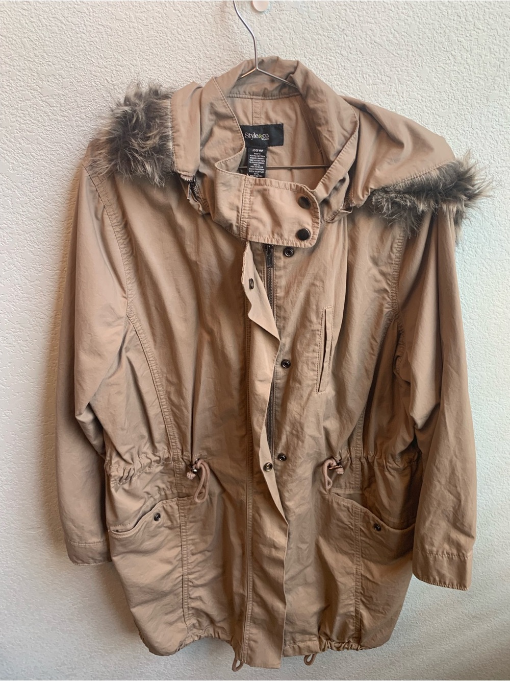 Style & Co. Tan Utility Parka with Faux Fur Trim